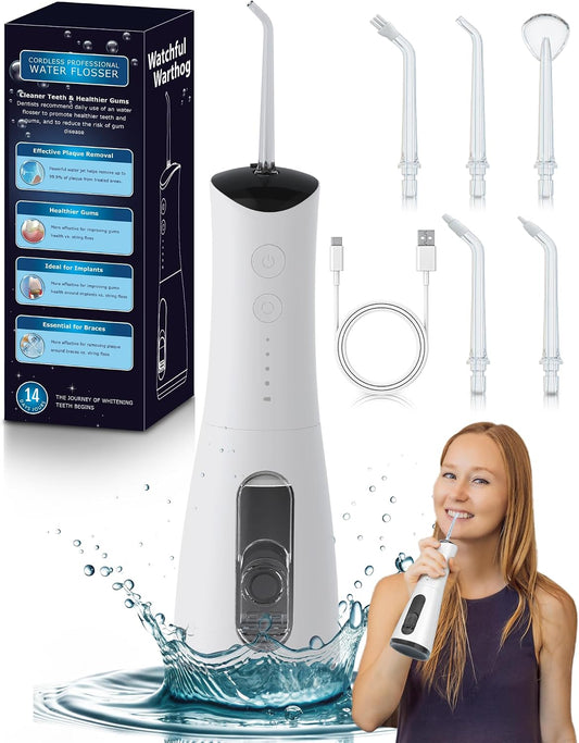 High-Pressure 120PSI Water Dental Flosser with 300Ml Reservoir - Portable Water Flosser for Teeth & Gum Cleaning - Rechargeable with 4 Pressure Modes, 1600 Pulses/Minute & IPX7 Waterproof